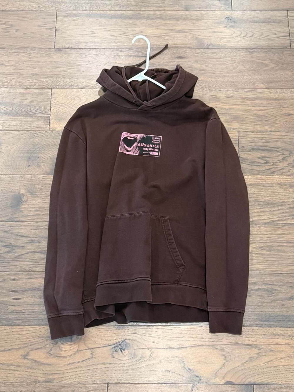 AllSaints Shout Hoodie Brown Pink Graphic Logo Pullover Size M